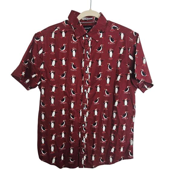 Denim & Flower Ricky Singh Button Front Red Penguin Shirt Short Sleeve Men M - Picture 1 of 8